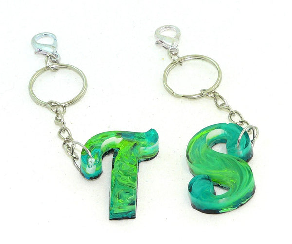 Personalized Turquoise Swirled Resin Petri Keychain with Initial Charm for Bags & Accessories