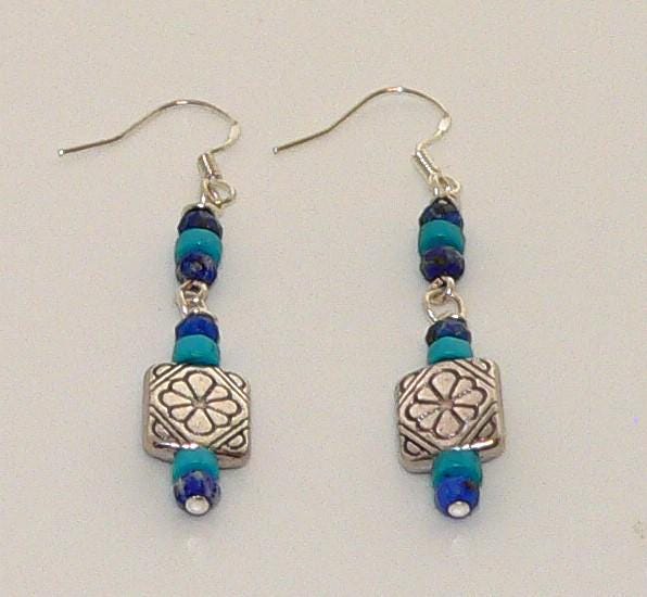 Southwestern Lapis & Turquoise Earrings - Handmade Native Style Jewelry, Silver Dangle Gifts for Her, Boho Statement Accessories