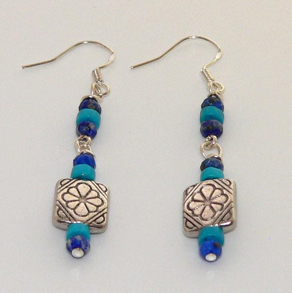 Southwestern Lapis & Turquoise Earrings - Handmade Native Style Jewelry, Silver Dangle Gifts for Her, Boho Statement Accessories
