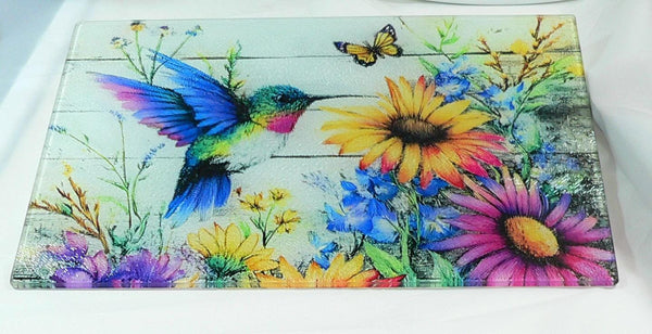 Vibrant Hummingbird Tempered Glass Cutting Board: Handmade Kitchen Decor, Serving Tray Appetizer