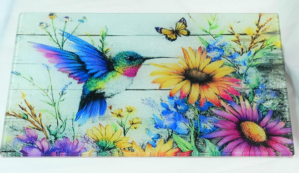 Vibrant Hummingbird Tempered Glass Cutting Board: Handmade Kitchen Decor, Serving Tray Appetizer