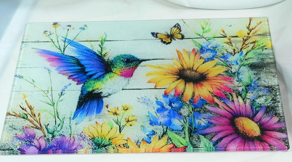 Vibrant Hummingbird Tempered Glass Cutting Board: Handmade Kitchen Decor, Serving Tray Appetizer