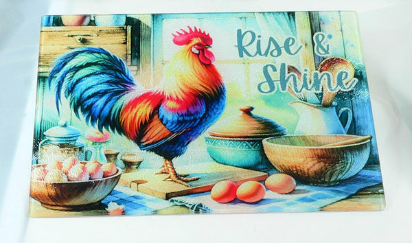 Vibrant Country Rooster Tempered Glass Cutting Board: Rustic Kitchen Decor, Housewarming Gift & Serving Tray
