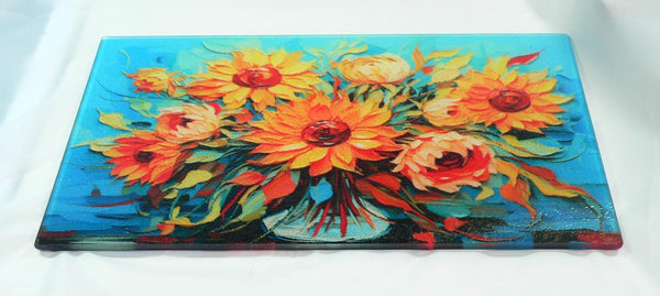 Elegant Floral Tempered Glass Cutting Board: Handmade Kitchen Decor, Serving Tray Charcuterie