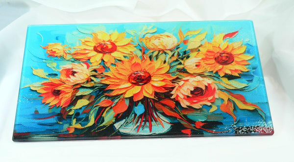 Elegant Floral Tempered Glass Cutting Board: Handmade Kitchen Decor, Serving Tray Charcuterie