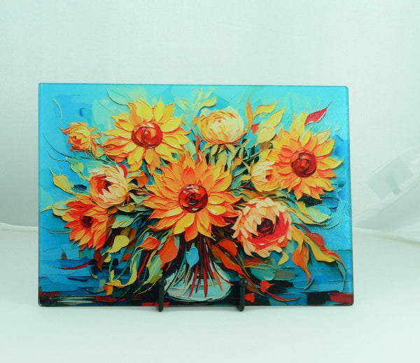 Elegant Floral Tempered Glass Cutting Board: Handmade Kitchen Decor, Serving Tray Charcuterie