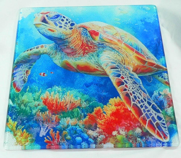Turtle Sea Life Tempered Glass Cutting Board | Handmade Kitchen Decor, Serving Tray & Appetizer Platter, Colorful Ocean Design