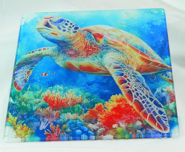 Turtle Sea Life Tempered Glass Cutting Board | Handmade Kitchen Decor, Serving Tray & Appetizer Platter, Colorful Ocean Design