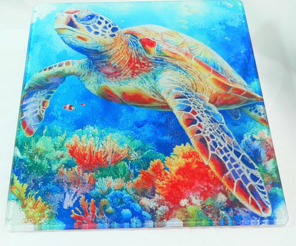 Turtle Sea Life Tempered Glass Cutting Board | Handmade Kitchen Decor, Serving Tray & Appetizer Platter, Colorful Ocean Design