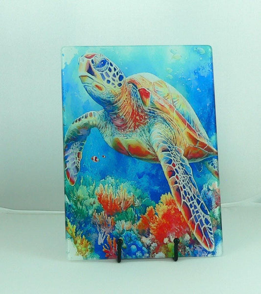 Turtle Sea Life Tempered Glass Cutting Board | Handmade Kitchen Decor, Serving Tray & Appetizer Platter, Colorful Ocean Design