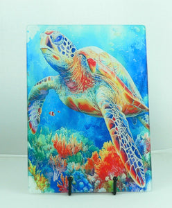 Turtle Sea Life Tempered Glass Cutting Board | Handmade Kitchen Decor, Serving Tray & Appetizer Platter, Colorful Ocean Design