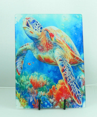 Turtle Sea Life Tempered Glass Cutting Board | Handmade Kitchen Decor, Serving Tray & Appetizer Platter, Colorful Ocean Design