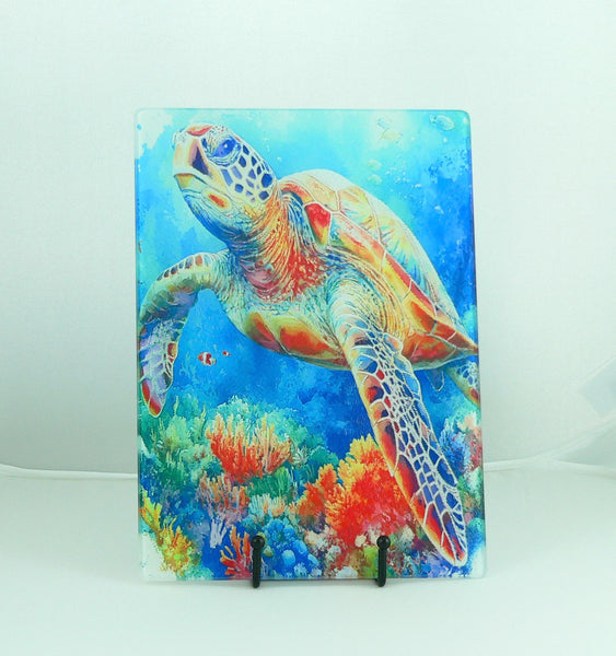 Turtle Sea Life Tempered Glass Cutting Board | Handmade Kitchen Decor, Serving Tray & Appetizer Platter, Colorful Ocean Design