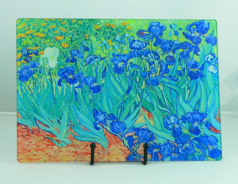 Van Gogh Irises Tempered Glass Cutting Board | Handmade Kitchen Decor, Purple Irises Serving Tray & Appetizer Platter Charcuterie.
