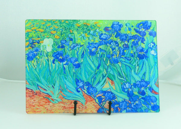 Van Gogh Irises Tempered Glass Cutting Board | Handmade Kitchen Decor, Purple Irises Serving Tray & Appetizer Platter Charcuterie.