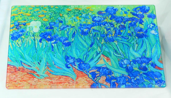 Van Gogh Irises Tempered Glass Cutting Board | Handmade Kitchen Decor, Purple Irises Serving Tray & Appetizer Platter Charcuterie.