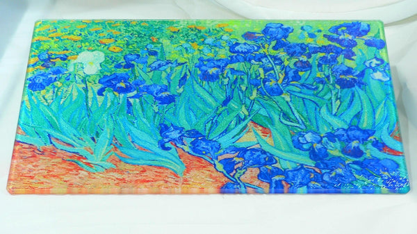 Van Gogh Irises Tempered Glass Cutting Board | Handmade Kitchen Decor, Purple Irises Serving Tray & Appetizer Platter Charcuterie.