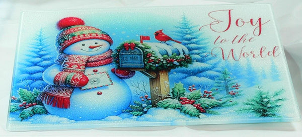 Christmas Tempered Glass Cutting Board | Handmade Kitchen Decor, Snowman Christmas Tray & Appetizer Platter Charcuterie.