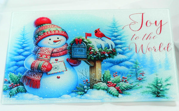 Christmas Tempered Glass Cutting Board | Handmade Kitchen Decor, Snowman Christmas Tray & Appetizer Platter Charcuterie.