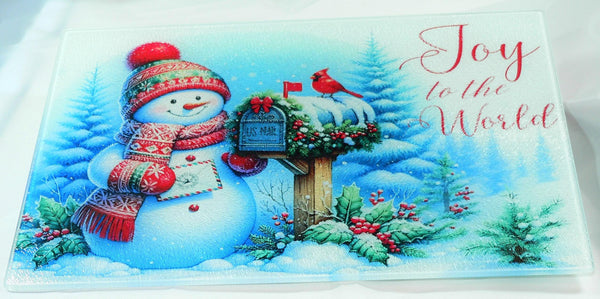 Christmas Tempered Glass Cutting Board | Handmade Kitchen Decor, Snowman Christmas Tray & Appetizer Platter Charcuterie.