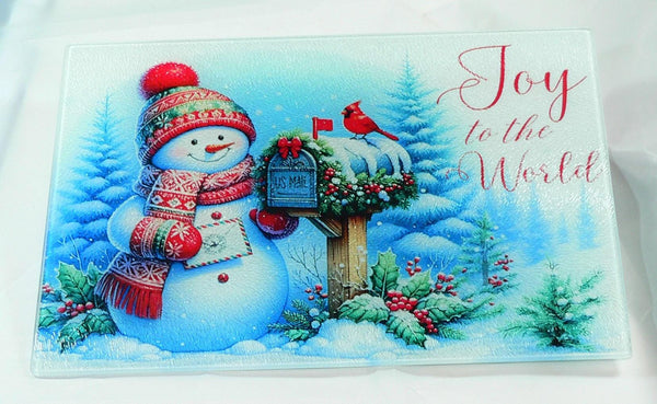 Christmas Tempered Glass Cutting Board | Handmade Kitchen Decor, Snowman Christmas Tray & Appetizer Platter Charcuterie.