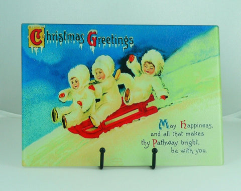 Vintage Christmas Tempered Glass Cutting Board | Handmade Kitchen Decor, Tray & Appetizer Platter Vintage Christmas Post Card Image