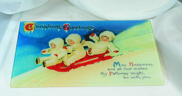 Vintage Christmas Tempered Glass Cutting Board | Handmade Kitchen Decor, Tray & Appetizer Platter Vintage Christmas Post Card Image