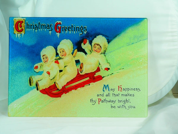 Vintage Christmas Tempered Glass Cutting Board | Handmade Kitchen Decor, Tray & Appetizer Platter Vintage Christmas Post Card Image