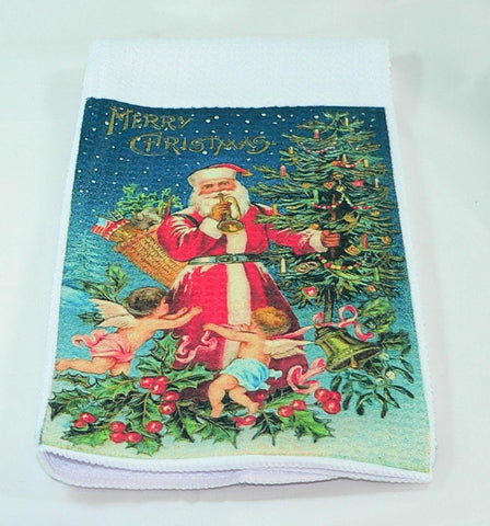 Handmade Kitchen Towel Vintage Christmas Santa Theme, Durable Absorbent Fabric, Housewarming Gift, Functional & Decorative