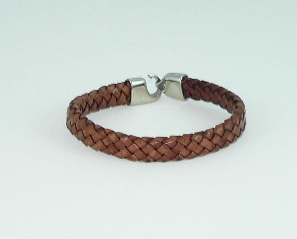 Men's Flat Braided Brown Leather Bracelet with Stainless Steel Clasp, Handmade, Masculine Gift, Boho Jewelry
