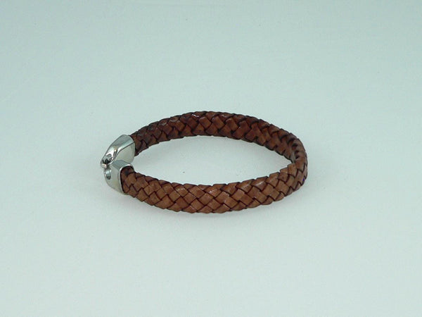 Men's Flat Braided Brown Leather Bracelet with Stainless Steel Clasp, Handmade, Masculine Gift, Boho Jewelry