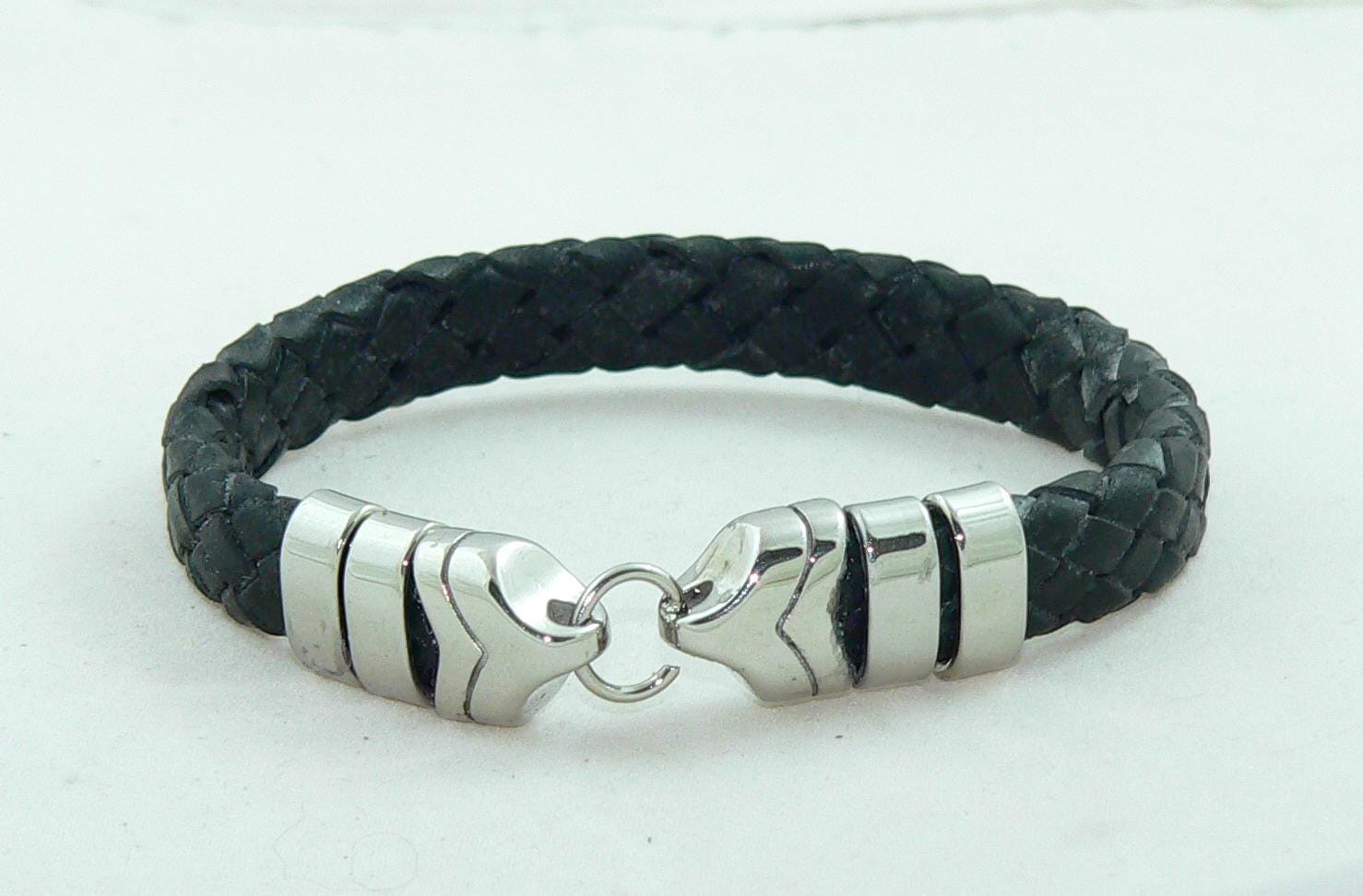 Men's BraidedBlack Leather Bracelet with Stainless Steel Clasp, Handmade, Masculine Gift, Boho Jewelry