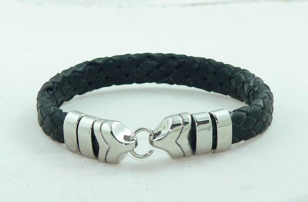 Men's BraidedBlack Leather Bracelet with Stainless Steel Clasp, Handmade, Masculine Gift, Boho Jewelry