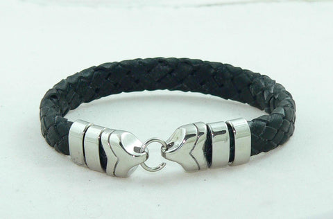 Men's BraidedBlack Leather Bracelet with Stainless Steel Clasp, Handmade, Masculine Gift, Boho Jewelry