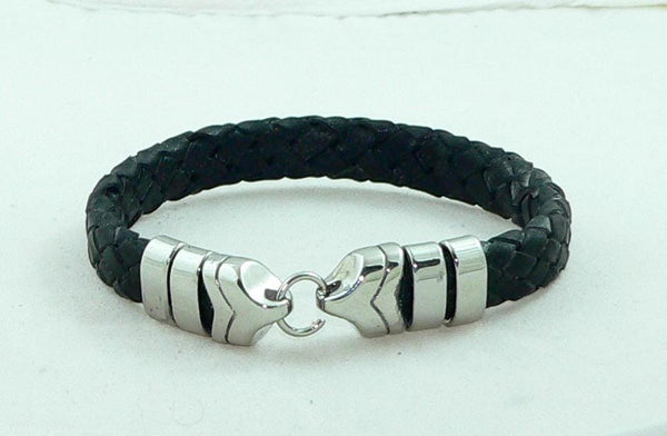 Men's BraidedBlack Leather Bracelet with Stainless Steel Clasp, Handmade, Masculine Gift, Boho Jewelry