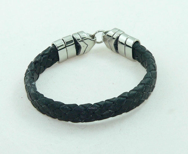 Men's BraidedBlack Leather Bracelet with Stainless Steel Clasp, Handmade, Masculine Gift, Boho Jewelry