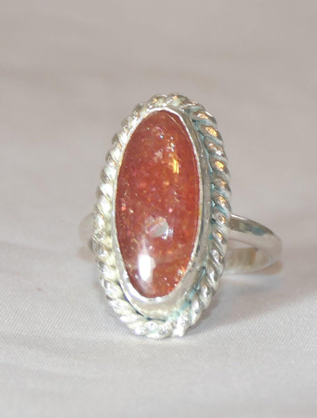Oval Sunstone Sterling Silver Ring - Boho Chic Bezel Set Gemstone Jewelry, Size 8