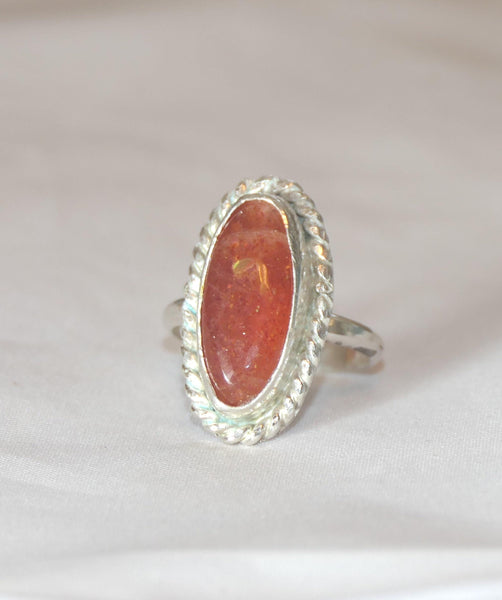 Oval Sunstone Sterling Silver Ring - Boho Chic Bezel Set Gemstone Jewelry, Size 8