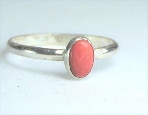 Handcrafted Boho Red Spiny Oyster Sterling Silver Stacking Ring - Adjustable Size 6-10