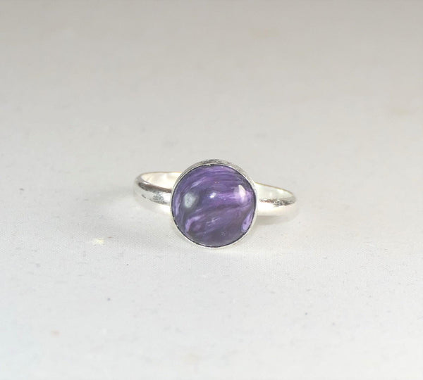 Handcrafted 10mm Charoite Sterling Silver Ring - Purple Gemstone Boho Jewelry (Sizes 6-10)