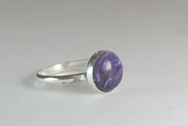 Handcrafted 10mm Charoite Sterling Silver Ring - Purple Gemstone Boho Jewelry (Sizes 6-10)