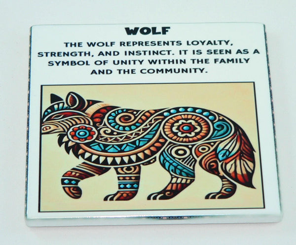 Handcrafted Native American Spiritual Symbol Ceramic Coasters: Wolf, Bear Paw, Eagle, Spiral (Set of 4)
