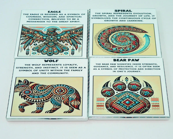 Handcrafted Native American Spiritual Symbol Ceramic Coasters: Wolf, Bear Paw, Eagle, Spiral (Set of 4)