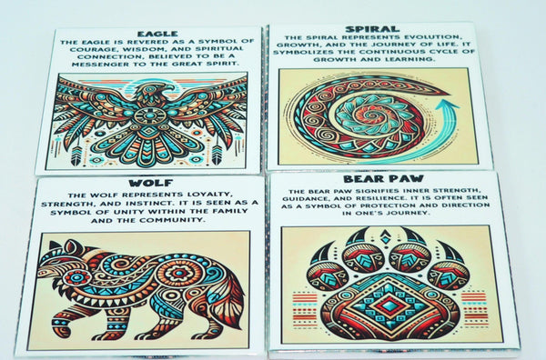 Handcrafted Native American Spiritual Symbol Ceramic Coasters: Wolf, Bear Paw, Eagle, Spiral (Set of 4)