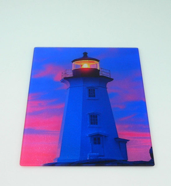 Coastal Lighthouse Glass Cutting Board: Art Deco Sunset Serving Tray for Charcuterie and Kitchen Decor