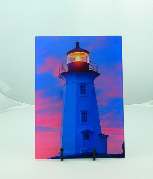 Coastal Lighthouse Glass Cutting Board: Art Deco Sunset Serving Tray for Charcuterie and Kitchen Decor