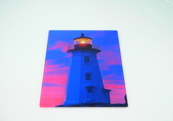 Coastal Lighthouse Glass Cutting Board: Art Deco Sunset Serving Tray for Charcuterie and Kitchen Decor
