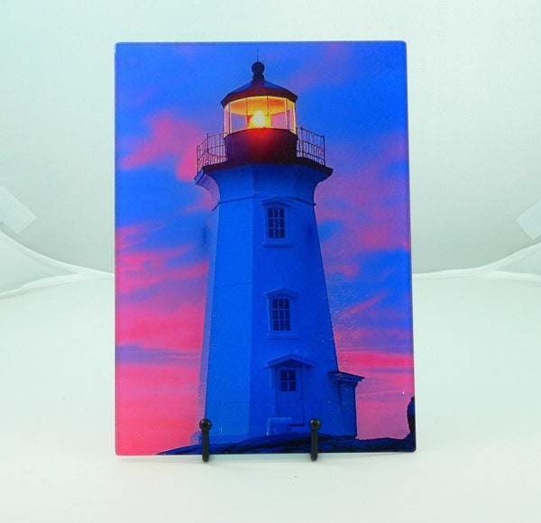 Coastal Lighthouse Glass Cutting Board: Art Deco Sunset Serving Tray for Charcuterie and Kitchen Decor
