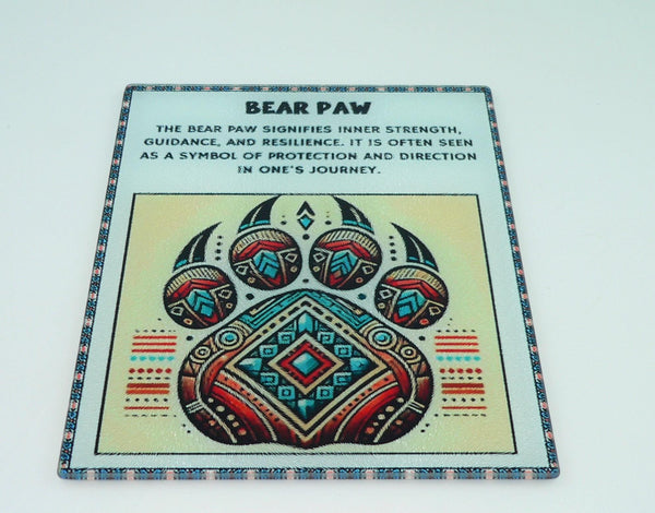 Native American Bear Paw Glass Cutting Board: Charcuterie Platter, Serving Tray & Art Deco Symbol Decor
