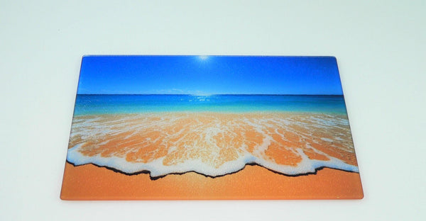 Elegant Coastal Glass Cutting Board: Beach-Inspired Serving Tray for Charcuterie & Kitchen Decor